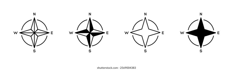 Compass icons. Navigation icons. Linear and silhouette style. Vector icons.