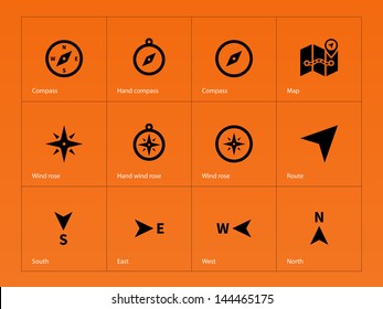 Compass icons on orange background. Vector illustration.