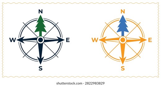 Compass icons with a pine tree needle pointing north for outdoor adventure and hiking navigation