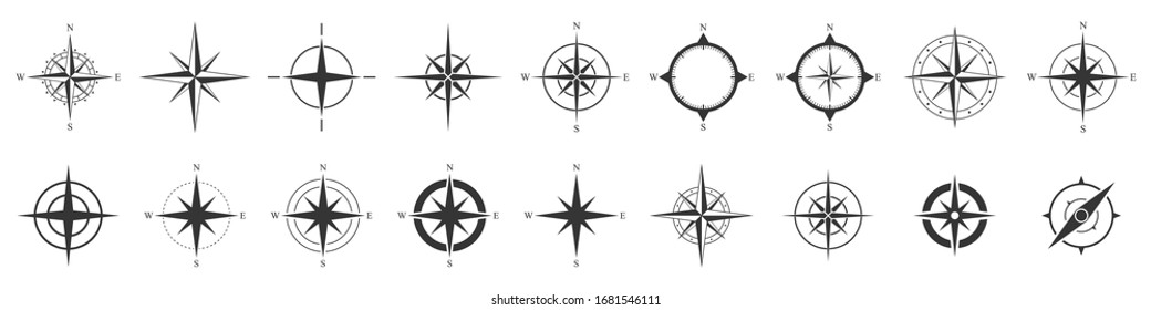Compass icons set. Black compass icons isolated. Vector illustration.