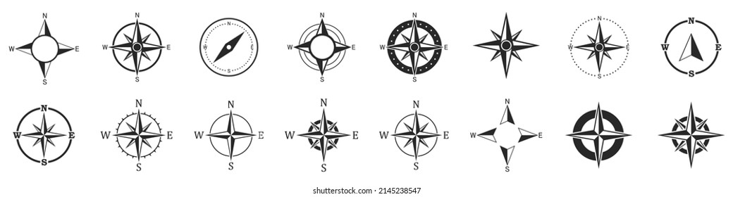 Compass icons. Set of black compass icons. Vector illustration. Compass icon isolated. Compass symbol