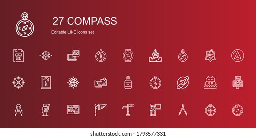 compass icons set. Collection of compass with guide, directions, wind sign, street map, gps, travel, correction fluid, maps, sea, navigator. Editable and scalable compass icons.