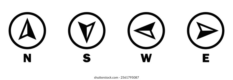 Compass icons set of four cardinal directions. North, South, West, East compass icon.  Geographical position, Map direction, navigation sign, wind rose, Navigational compass, Nautical chart, compass. 