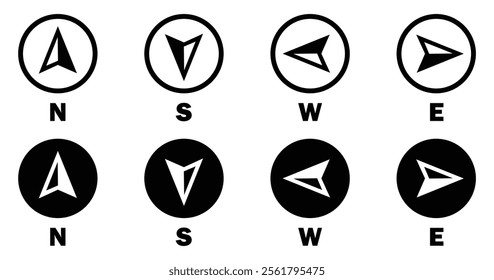 Compass icons set of four cardinal directions. North, South, West, East compass icon.  Geographical position, Map direction, navigation sign, wind rose, Navigational compass, Nautical chart, compass. 