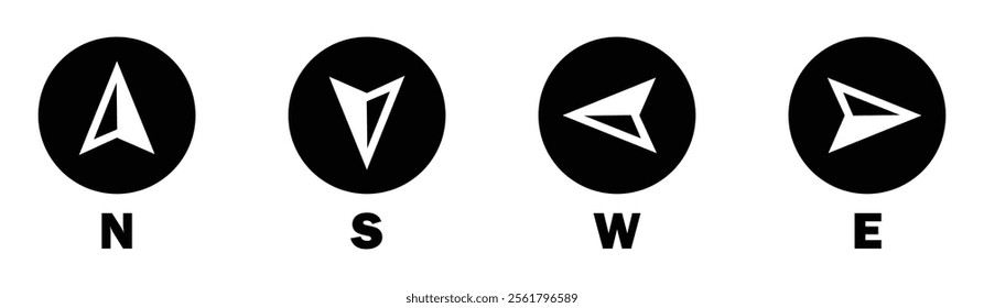 Compass icons set of four cardinal directions. North, South, West, East compass icon.  Geographical position, Map direction, navigation sign, wind rose, Navigational compass, Nautical chart, compass. 