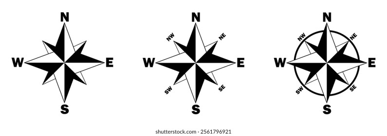 Compass icons set of four cardinal directions. North, South, West, East compass icon.  Geographical position, Map direction, navigation sign, wind rose, Navigational compass, Nautical chart, compass. 