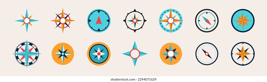 Compass icons set. Compass icon collection. Flat style.