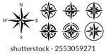 Compass icons set. Compass rose sign. Star icon navigation. Northern Star. Polar Star logo. Windrose symbol. Nautical wind rose icon. Compasses for travel map. Navigation arrow symbols.