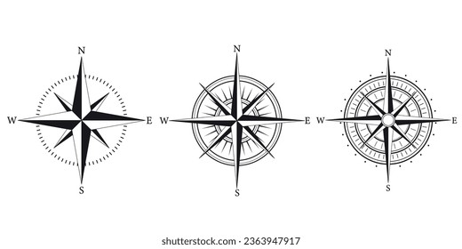 Compass icons set. Compass rose sign. Windrose symbol. Nautical wind rose icon. Vintage compass. Compasses for travel map. Navigation arrow symbols. Vector illustration