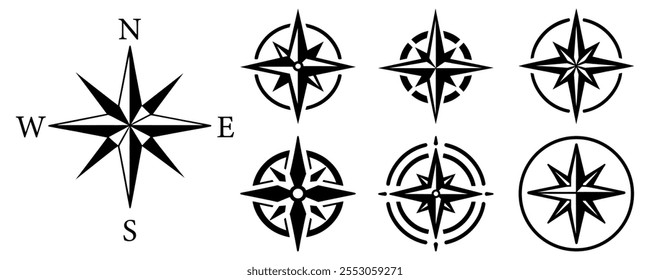 Ícones de bússola definidos. Sinal de rosa bússola. Navegação de ícone de estrela. Estrela do Norte. Logo da Polar Star. Símbolo de Windrose. Ícone de rosa do vento náutico. Bússolas para o mapa de viagens. Símbolos de seta de navegação.