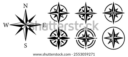 Compass icons set. Compass rose sign. Star icon navigation. Northern Star. Polar Star logo. Windrose symbol. Nautical wind rose icon. Compasses for travel map. Navigation arrow symbols.