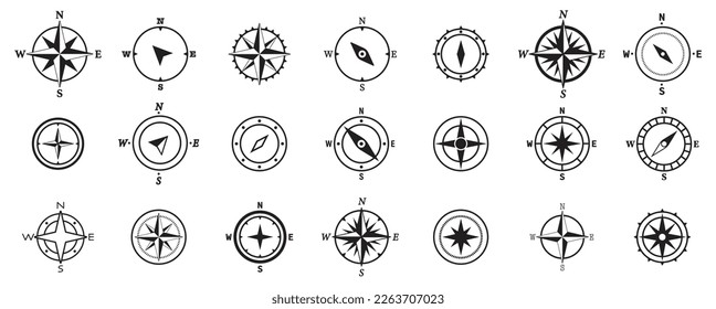 Compass icons set. Compass set of symbols on white background. Wind rose symbol collection. Vector isolated icons. Vector illustration