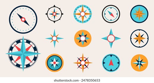 Conjunto de iconos de brújula. Ilustración vectorial. Estilo plano.