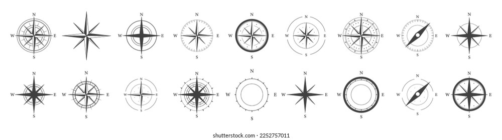 Compass icons. Set of vector simple compass symbols. Wind rose icon