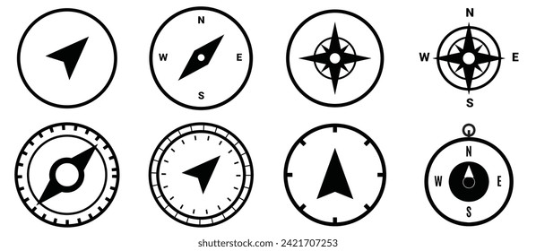 Compass icons. Set of vector simple compass symbols. Wind rose icon