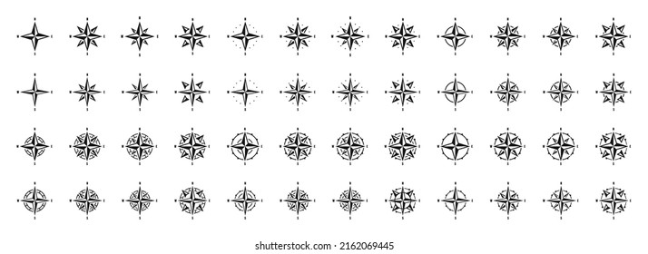 Compass Icons Set. Wind Rose. Nautical Map. Big Isolated Collection Of Compas Icons. Cartography, Direction, Positioning. West East North South Direction Icons Set. Vector Grapic EPS 10