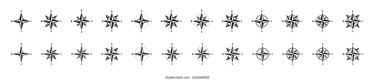 Compass icons set. Wind rose. Nautical map. Cartography, direction, positioning. West east north south direction icons set. Big isolated collection of compas icons. Vector grapic EPS 10