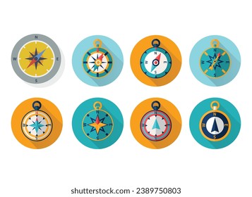 Compass icons set. Wind rose. Nautical map. Big isolated collection of compas icons. Cartography, direction, positioning. West east north south direction icons set. Vector grapic EPS 10