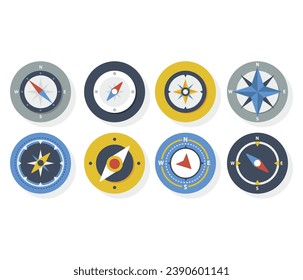 Conjunto de iconos de brújula. La rosa del viento. Mapa náutico. Gran colección aislada de íconos de compas. Cartografía, dirección, posicionamiento. Iconos de la dirección oeste-este-norte-sur. EPS gráfico vectorial 10