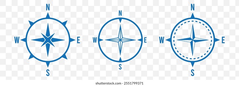 Compass icons vector. Blue Compass icon set in transparent background. 