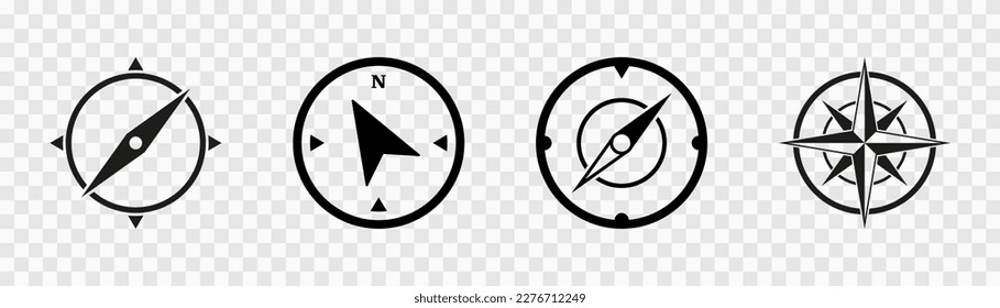 Compass icons vector set isolated on transparent background. Compass symbol set. Wind rose signs. North, South, East, West. Vector illustration.