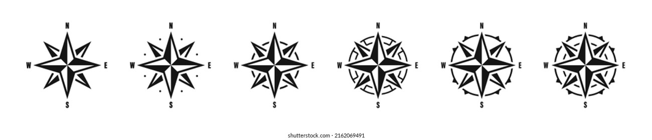 Compass icons. Wind rose. Nautical map. Compass icon collection. Cartography, direction, positioning. West east north south direction icons set. Vector grapic EPS 10