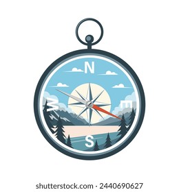 Compass illustration. Flat illustration, compass icon with landscape nature. Vector