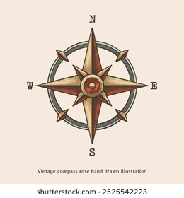 Kompassdarstellung. Kompass Rose, handgezeichnet, im Vintage-Stil