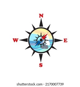 Compass with the image of an old sailboat. Element of tourist equipment. Vector design illustration.