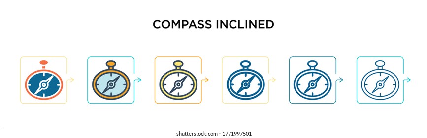 Compass inclined vector icon in 6 different modern styles. Black, two colored compass inclined icons designed in filled, outline, line and stroke style. Vector illustration can be used for web, 