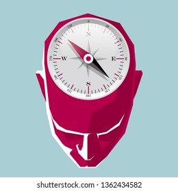 Compass installed in the brain, isolated on blue background.