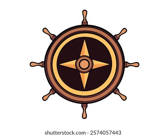 Compass integrated into a ship wheel, with detailed directional markings. Great for adventure, navigation, or nautical branding. Vector illustration