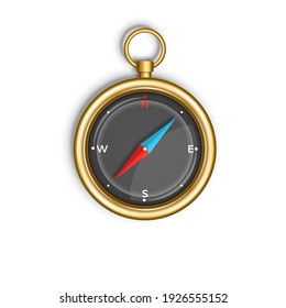 Compass isolated on white background round gold case with blue and red arrow top view, tourist device for orienteering on the ground, realistic 3d vector illustration.