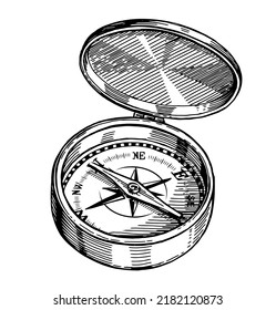 Compass isolated in vintage engraving style. Hand drawn sketch vector illustration. Camping, hike, travel concept