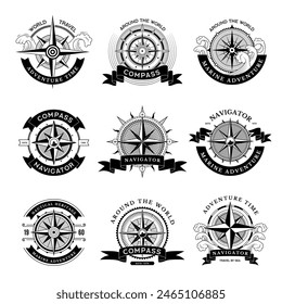 Compass labels. Adventure and travel time symbols nautical marine logos collection recent vector sea stylized elements