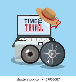 compass laptop camera hat time travel vacations trip icon. Colorful design. Vector illustration