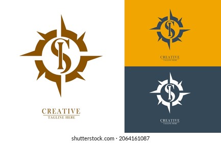 compass and letter s i gold logo icon element. perfect for luxury and elegance. vector abstract flat design.