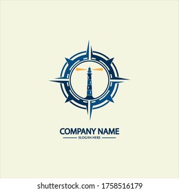 Compass and lighthouse logo design template