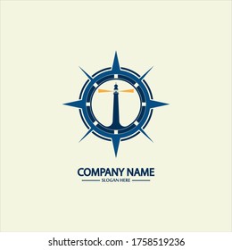 Compass and lighthouse logo design template