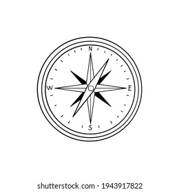 Compass line art vector. Graphic wind rose, navigator with direction, outline icon. Magnetic compass for camping, hiking, outdoor activities. Marine compass isolated on white background
