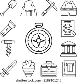 Kompass, Standortsymbol in einer Sammlung mit anderen Elementen