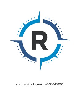 Kompass-Logo mit Letter R-Vektorvorlage kombinieren