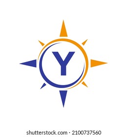 Compass Logo Design On Letter Y Concept. Letter Y Compass Adventure Logo Sign Vector Template