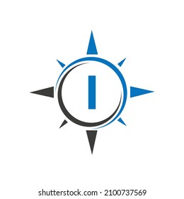Compass Logo Design On Letter I Concept. Letter I Compass Adventure Logo Sign Vector Template