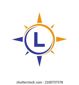 Compass Logo Design On Letter L Concept. Letter L Compass Adventure Logo Sign Vector Template