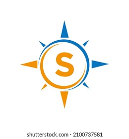 Compass Logo Design On Letter S Concept. Letter S Compass Adventure Logo Sign Vector Template