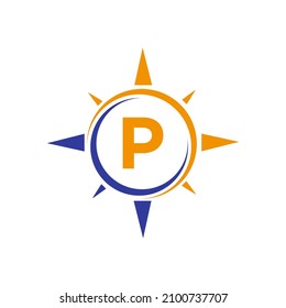 Compass Logo Design On Letter P Concept. Letter P Compass Adventure Logo Sign Vector Template