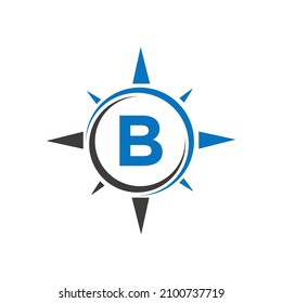 Compass Logo Design On Letter B Concept. Letter B Compass Adventure Logo Sign Vector Template
