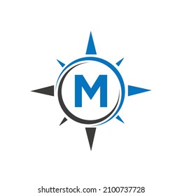 Compass Logo Design On Letter M Concept. Letter M Compass Adventure Logo Sign Vector Template
