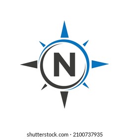 Compass Logo Design On Letter N Concept. Letter N Compass Adventure Logo Sign Vector Template